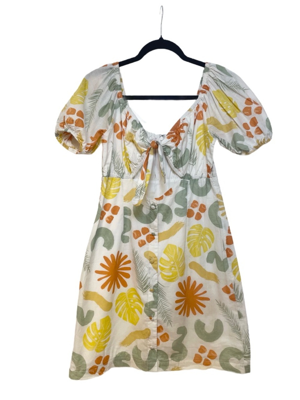 SABO Tropical Print Puff Sleeve Mini Dress Size M 100% Cotton - Picture 2 of 11